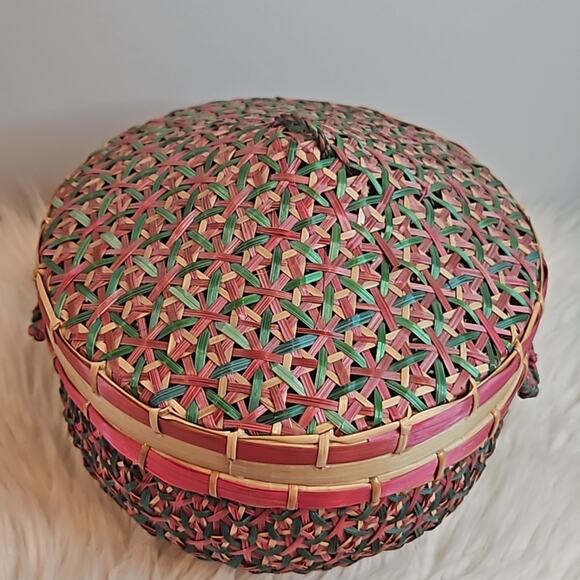 Woven Pink and Green Basket with Lid - Picture 2 of 6